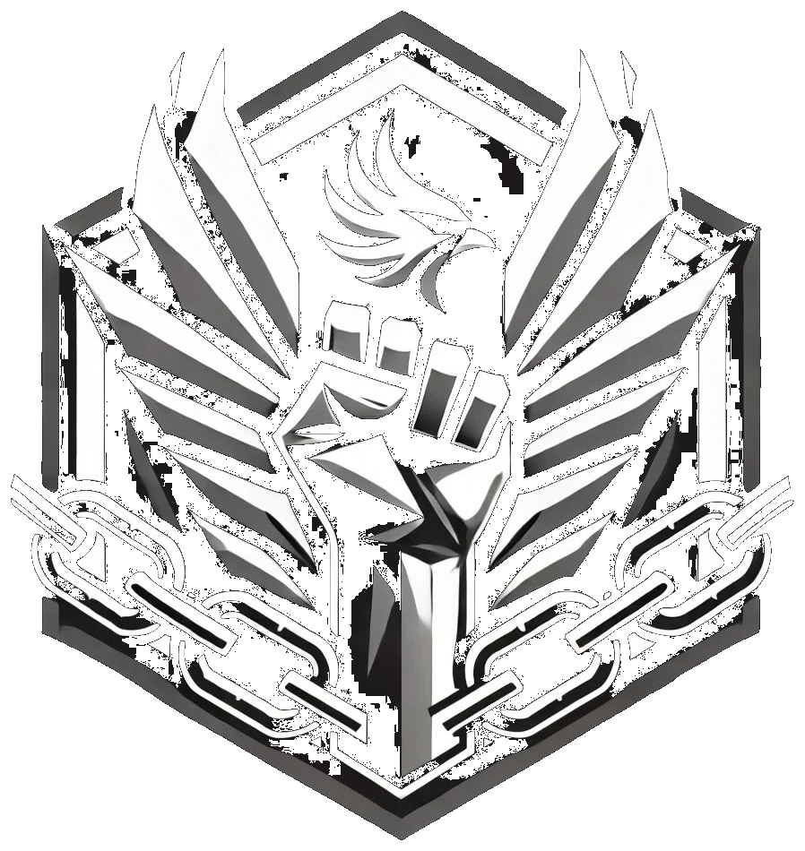 Disciplined Recovery phoenix, raised fist, and broken chains crest
